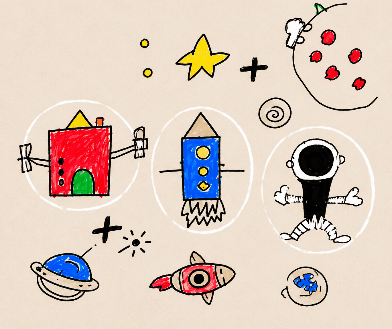 Space themed child drawing with selected elements circled